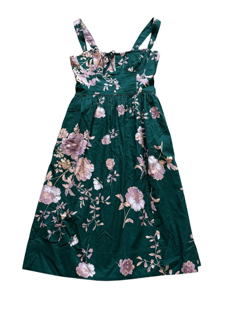 Free People Green Floral Corset Midi Dress S Cottagecore Slit Pockets Romantic - Picture 3 of 15